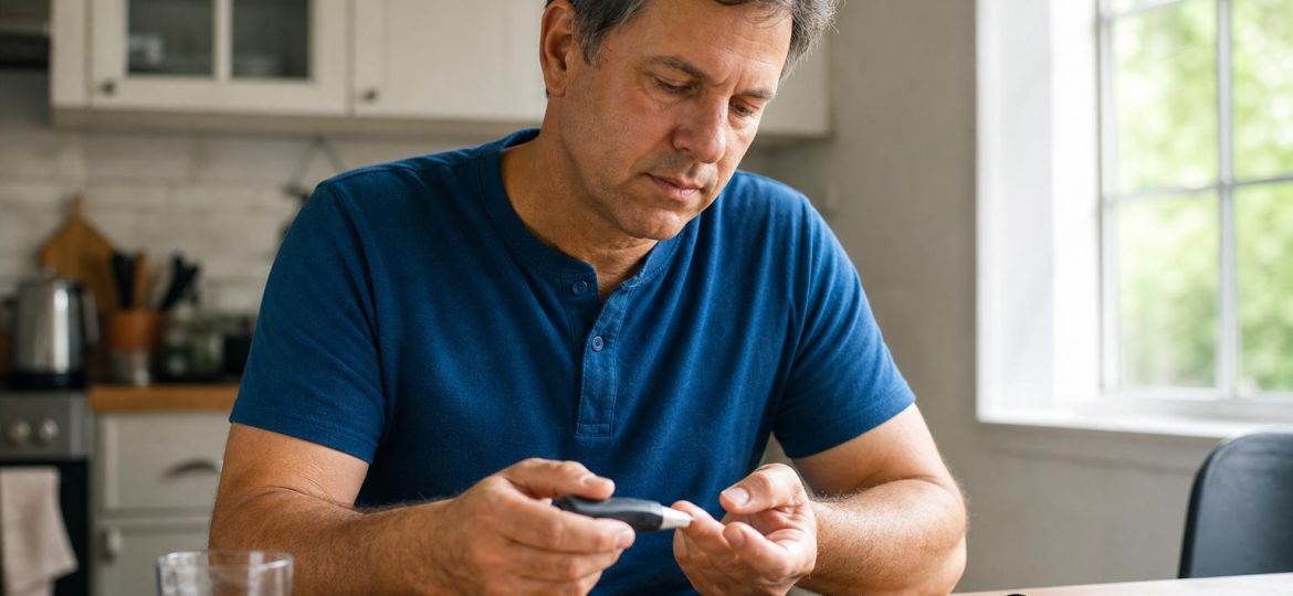 Man checking his blood sugar with a glucose meter at the kitchen table