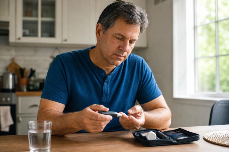 Man checking his blood sugar with a glucose meter at the kitchen table