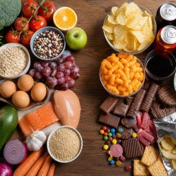 Whole foods on one side of a table and packaged snacks and soda on the other