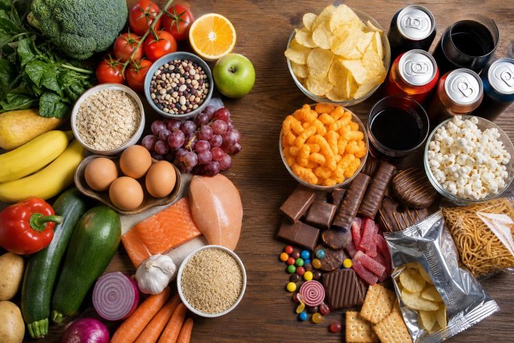 Whole foods on one side of a table and packaged snacks and soda on the other