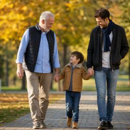 Three generations of a family walking together on a sunny park path in autumn