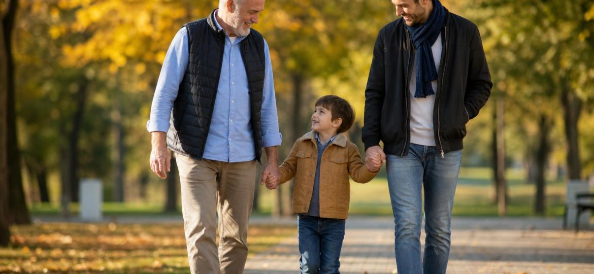 Three generations of a family walking together on a sunny park path in autumn