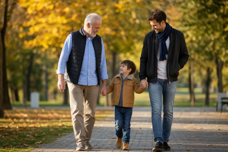 Three generations of a family walking together on a sunny park path in autumn