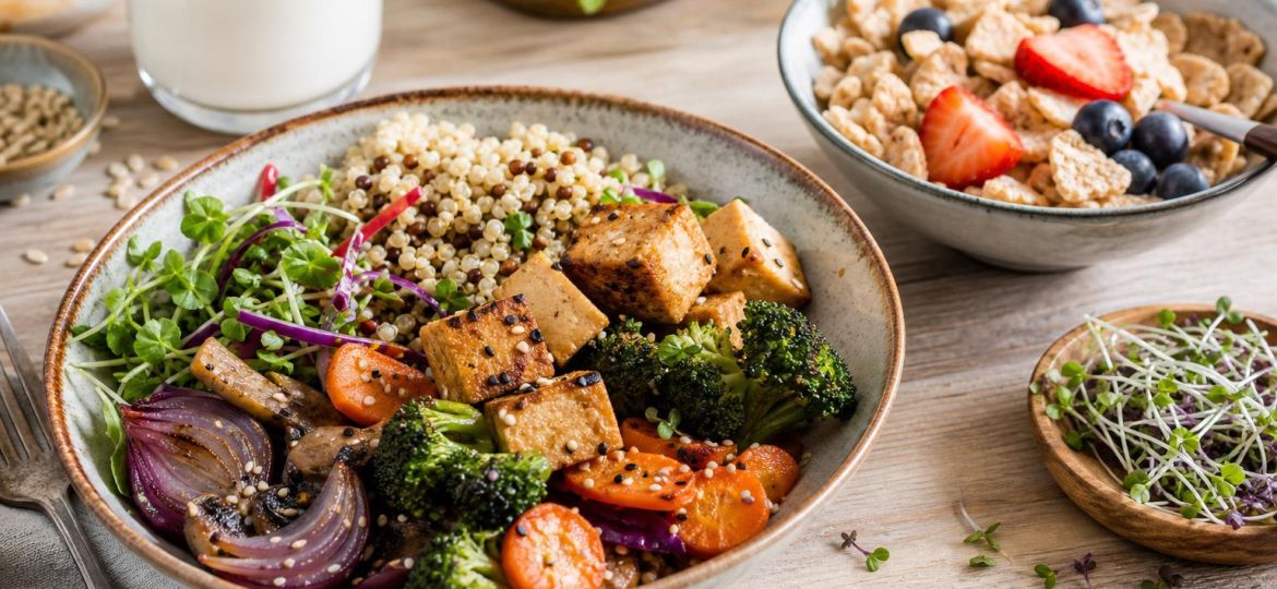 Vegan grain bowl with tofu and vegetables, plant-based milk and fortified cereal