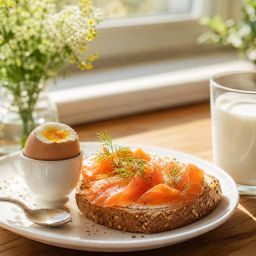 Breakfast of salmon on toast, a soft-boiled egg and a glass of milk in morning sunlight