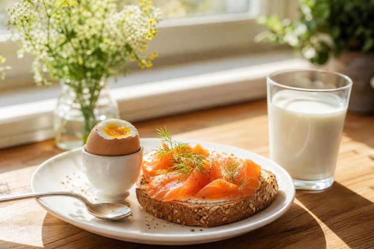 Breakfast of salmon on toast, a soft-boiled egg and a glass of milk in morning sunlight