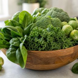 Wooden bowl of kale, spinach, broccoli and Brussels sprouts on a kitchen counter