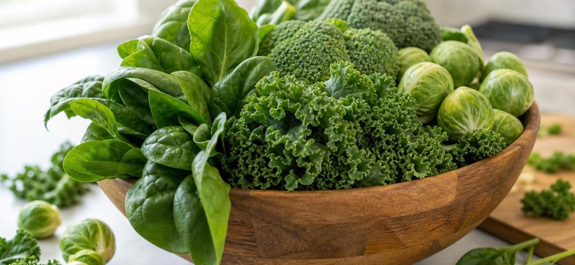 Wooden bowl of kale, spinach, broccoli and Brussels sprouts on a kitchen counter