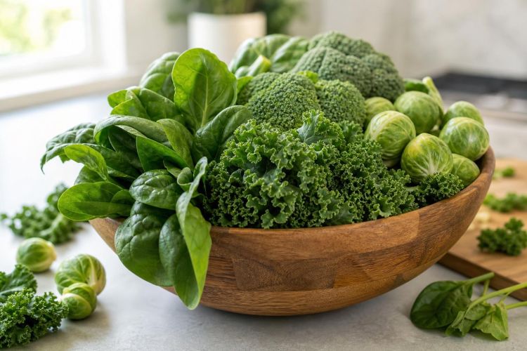 Wooden bowl of kale, spinach, broccoli and Brussels sprouts on a kitchen counter