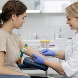 Phlebotomist drawing blood for a cholesterol test