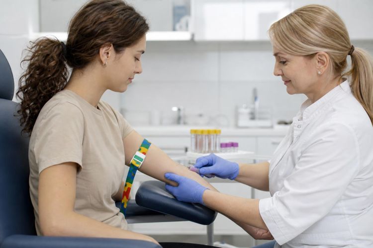 Phlebotomist drawing blood for a cholesterol test