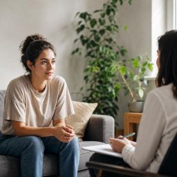 Young woman talking with a therapist in a sunlit counseling room