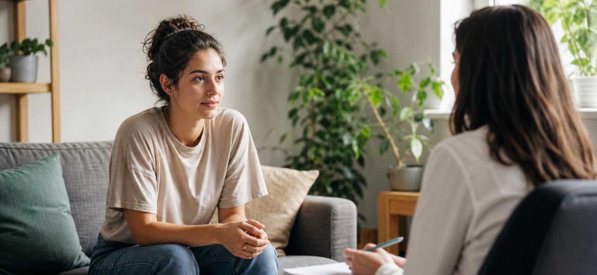 Young woman talking with a therapist in a sunlit counseling room