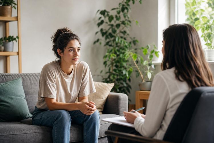 Young woman talking with a therapist in a sunlit counseling room