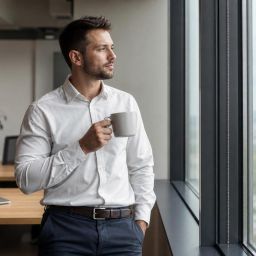 Office worker taking a quiet break by a window with a cup of coffee
