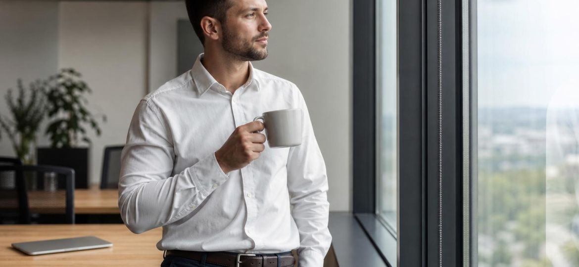 Office worker taking a quiet break by a window with a cup of coffee