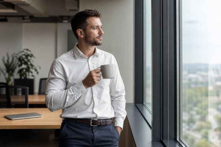 Office worker taking a quiet break by a window with a cup of coffee