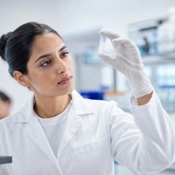 Virologist in a lab holding up a sample tube