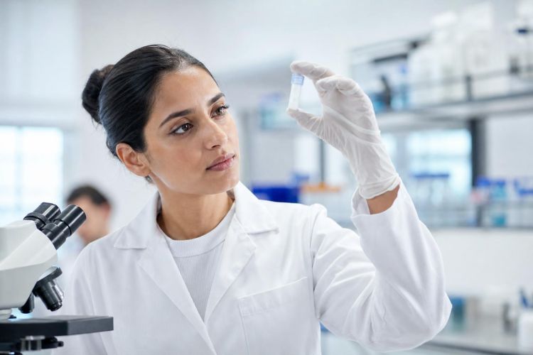 Virologist in a lab holding up a sample tube