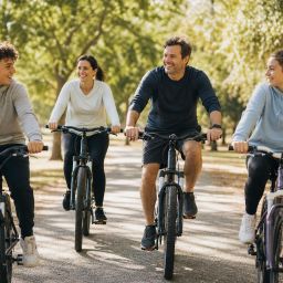 Family with two teenagers riding bicycles on a sunny park trail