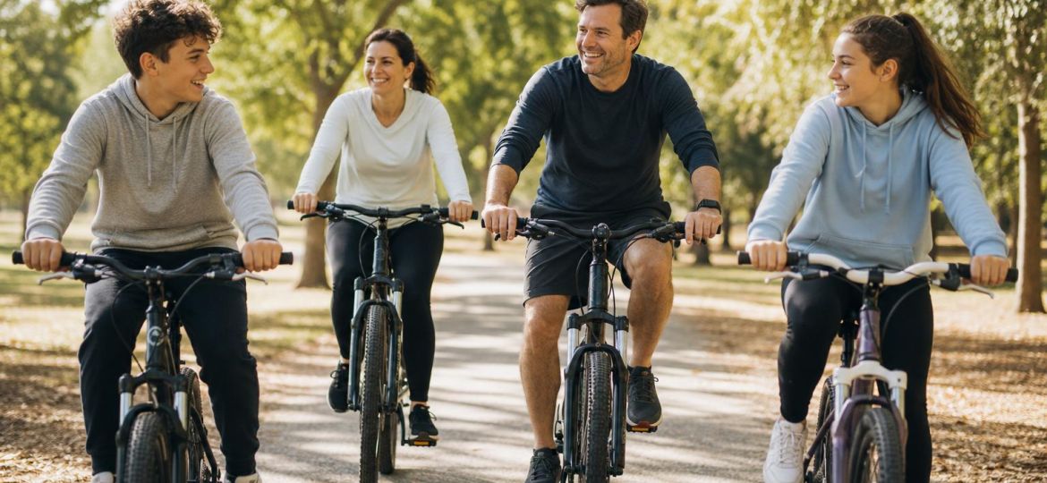 Family with two teenagers riding bicycles on a sunny park trail