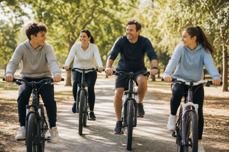 Family with two teenagers riding bicycles on a sunny park trail